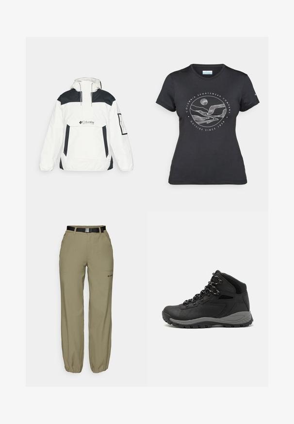 Bela in črna vetrovka s kapuco, polovičnim zadrgo spredaj, sprednjim žepom in elastičnimi manšetami. Ima Columbia logo na prsih.; Črna majica Columbia z belim krožnim risanjem gora in reke ter napisom "Columbia Sportswear Company Outside Since 1938."; Bež hlače za prostočasne aktivnosti s elastičnimi manšetami, sprednjimi žepi in črnim pasom. Imajo subtilen logotip blizu spodnjega žepa.; Črne pohodniške čevlje z srednje visokim dizajnom, ki imajo teksturirano zgornji del, sivi dodatki in vzdržljiv gumen podplat s protizdrsnimi izboklinami.