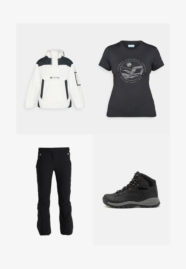 Bílá a černá větrovka s kapucí, poloviční zip na přední straně, přední kapsa a elastické manžety. Na hrudi je logo Columbia.; Černé tričko Columbia s bílým kruhovým uměleckým ztvárněním hor a řeky a textem "Columbia Sportswear Company Outside Since 1938."; Černé voděodolné kalhoty s nastavitelným pasem, se zipovými kapsami a uvolněným střihem. Vyrobené z odolné, lehké tkaniny s hladkou texturou.; Černé turistické boty s mírně vyšším střihem, které mají texturovaný svršek, šedé detaily a odolnou gumovou podrážku s trakčními výstupky.