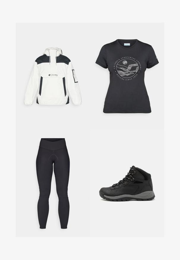 Casaco corta-vento branco e preto com capuz, fecho de meio zíper na frente, bolso frontal e punhos elásticos. Apresenta o logótipo da Columbia no peito.; T-shirt preto da Columbia com arte em linha branca circular representando montanhas e rios, e o texto "Columbia Sportswear Company Outside Since 1938."; Leggings pretos com uma cintura alta, apresentando um design de contorno, tecido que afasta a humidade e costuras planas para conforto.; Bota de caminhada preta com design de cano médio, apresentando um upper texturizado, detalhes cinzentos e sola de borracha durável com cravos de tração.