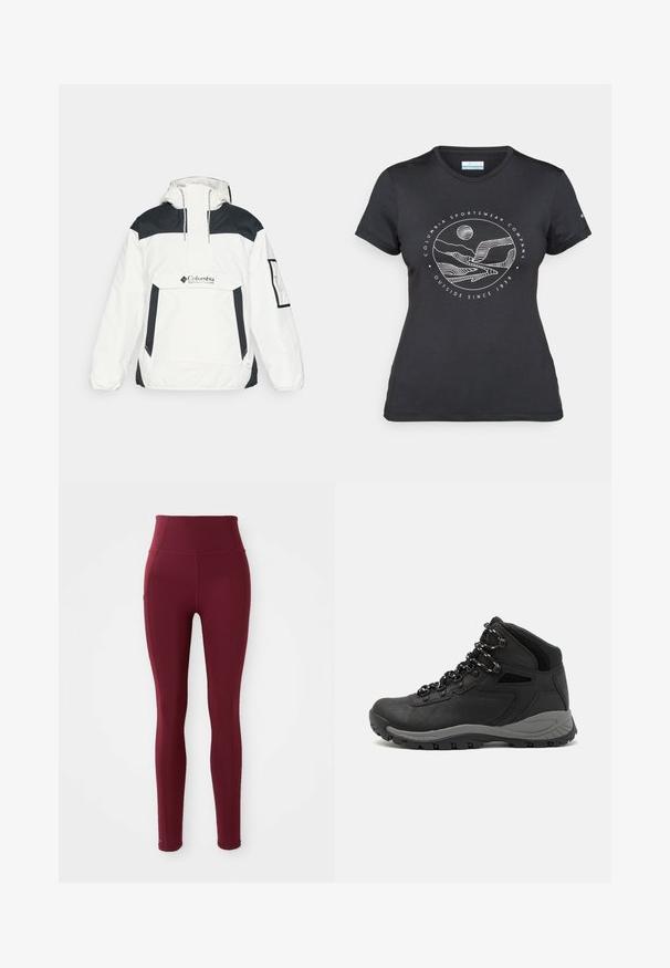 Biała i czarna kurtka wiatrówka z kapturem, z półzamkiem z przodu, kieszenią z przodu i elastycznymi mankietami. Posiada logo Columbii na piersi.; Czarny t-shirt Columbia z białą okrągłą grafiką gór i rzeki oraz napisem "Columbia Sportswear Company Outside Since 1938."; Bordowe legginsy z wysokim stanem, wykonane z elastycznego materiału, charakteryzujące się gładką fakturą i boczną kieszenią.; Czarne buty trekkingowe z średnim cholewem, z teksturowaną cholewą, szarymi akcentami oraz trwałą gumową podeszwą z wypustkami zapewniającymi przyczepność.