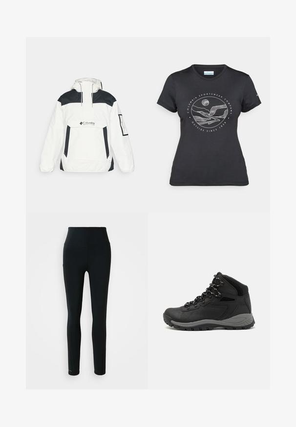 Balta ir juoda vėjo neperšlampanti striukė su kapišonu, pusės užtrauktuku priekyje, priekinėmis kišenėmis ir elastiniais rankogaliais. Ant krūtinės yra Columbia logotipas.; Juodas "Columbia" marškinėliai su balta apskrita kalnų ir upės linijų grafika bei tekstu "Columbia Sportswear Company Lauke nuo 1938 metų."; Juodos sportinės legging'os su aukšta talija, šoniniu kišeniu ir pilno ilgio kojomis ant balto fono.; Juodas žygio botas su vidutinio aukščio dizainu, pasižymintis tekstūruota viršutine dalimi, pilkų akcentų ir patvaria guma padanga su sukibimo gumbais.