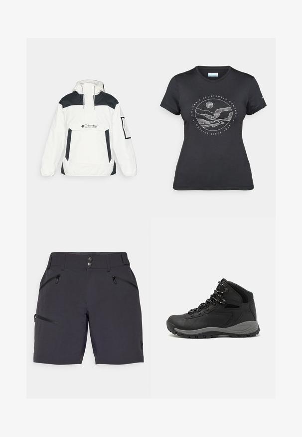 Biała i czarna kurtka wiatrówka z kapturem, z półzamkiem z przodu, kieszenią z przodu i elastycznymi mankietami. Posiada logo Columbii na piersi.; Czarny t-shirt Columbia z białą okrągłą grafiką gór i rzeki oraz napisem "Columbia Sportswear Company Outside Since 1938."; Ciemnoszare szorty wykonane z lekkiego materiału, wyposażone w dwie zapinane na zamek boczne kieszenie oraz dwa metalowe guziki jako zapięcie w pasie.; Czarne buty trekkingowe z średnim cholewem, z teksturowaną cholewą, szarymi akcentami oraz trwałą gumową podeszwą z wypustkami zapewniającymi przyczepność.