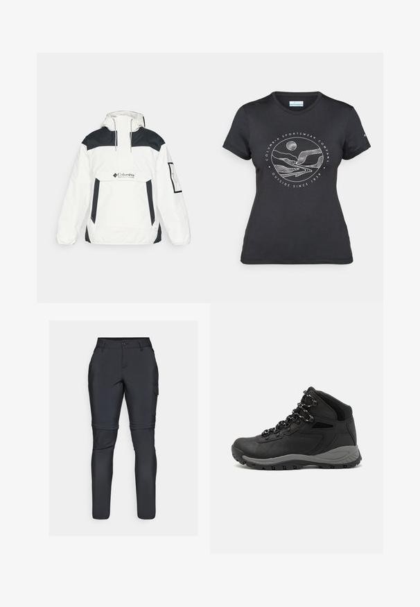 Hvit og svart vindjakke med hette, halvmidje glidelås foran, frontlomme og elastiske mansjetter. Har Columbia-logo på brystet.; Svart Columbia t-skjorte med hvit sirkulær fjell- og elvlinjekunst og tekst "Columbia Sportswear Company Outside Since 1938."; Sorte cargo-bukser laget av lett, elastisk materiale. Har artikulerte knær, sidelommer og en tettsittende design for bevegelse.; Sorte turstøvler med mid-topp design, som har en teksturert overdel, grå detaljer og slitesterk gummisåle med godt grep.