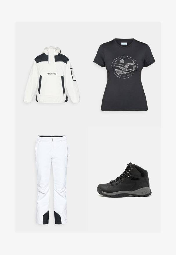 Giacca a vento bianca e nera con cappuccio, apertura a metà zip sul fronte, tasca anteriore e polsini elasticizzati. Presenta il logo Columbia sul petto.; Maglietta nera Columbia con arte lineare bianca di una montagna circolare e un fiume, e il testo "Columbia Sportswear Company Outside Since 1938."; Pantaloni da neve bianchi con un design elegante, dotati di due tasche frontali, pannelli inferiori neri rinforzati e chiusura a pulsante in vita.; Stivale da trekking nero con design a metà altezza, dotato di una tomaia texturizzata, accenti grigi e suola in gomma resistente con tasselli per la trazione.