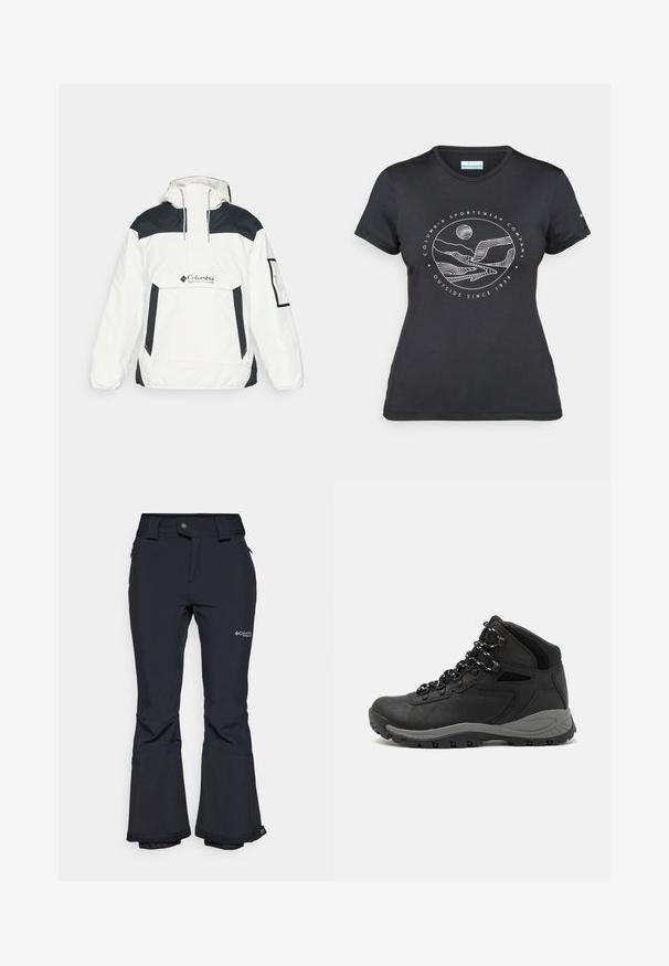 Witte en zwarte windbreaker jas met een capuchon, een half rits voorkant, een voorzak en elastische manchetten. Voorzien van het Columbia-logo op de borst.; Zwarte Columbia t-shirt met witte cirkelvormige lijntekening van bergen en een rivier en de tekst "Columbia Sportswear Company Outside Since 1938."; Zwarte waterdichte skibroek met een ritszak, brede pijpen en een logo op de bovenbeen. Heeft een duurzaam materiaal en versterkte boorden.; Zwarte wandelschoen met een mid-top ontwerp, voorzien van een gestructureerde bovenkant, grijze accenten en een duurzame rubberen zool met gripnoppen.