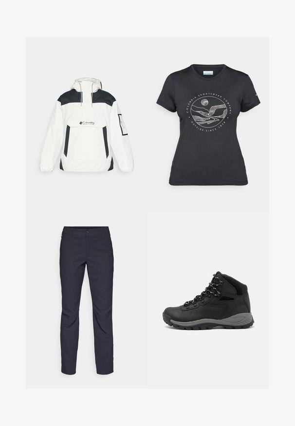 Balta ir juoda vėjo neperšlampanti striukė su kapišonu, pusės užtrauktuku priekyje, priekinėmis kišenėmis ir elastiniais rankogaliais. Ant krūtinės yra Columbia logotipas.; Juodas "Columbia" marškinėliai su balta apskrita kalnų ir upės linijų grafika bei tekstu "Columbia Sportswear Company Lauke nuo 1938 metų."; Tamsiai mėlynos kelnės, pagamintos iš lygaus audinio, su priekiniais mygtukais, lieknos silueto ir raukšlėmis ant kelių.; Juodas žygio botas su vidutinio aukščio dizainu, pasižymintis tekstūruota viršutine dalimi, pilkų akcentų ir patvaria guma padanga su sukibimo gumbais.