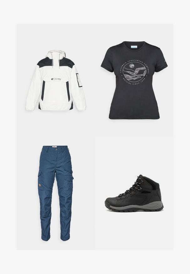 Valkoinen ja musta tuulenpitävä takki, jossa on huppu, puolivetoketju edessä, etutasku ja joustavat hihansuut. Takissa on Columbia-logo rintamuksessa.; Musta Columbia T-paita, jossa on valkoinen ympyrämuotoinen vuori- ja joki-viivataide sekä teksti "Columbia Sportswear Company Ulkona vuodesta 1938."; Navy blue cargo-housut, jotka on valmistettu kestävästä kankaasta, useilla sivutaskuilla, napinvaihtajalla ja logopatchillä oikeassa reisissä.; Musta vaelluskenkä, jossa on puolivartinen muotoilu, jolle on ominaista teksturoitu päällinen, harmaat yksityiskohdat ja kestävä kumipohja, jossa on pitoita lisääviä lukuja.