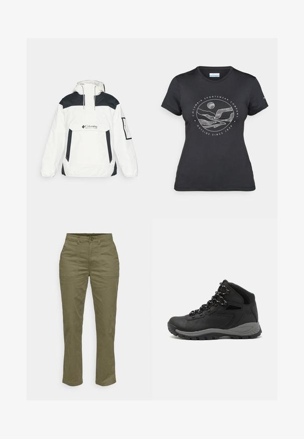 Fehér és fekete széldzseki kapucnival, félig zipzáras elülső résszel, elülső zsebből és elasztikus mandzsettákkal. A mellkason Columbia logó található.; Fekete Columbia póló fehér, kör alakú hegy és folyó vonalrajzzal, valamint a "Columbia Sportswear Company Outside Since 1938" felirattal.; Olíva zöld pamut nadrág egyenes szárú kialakítással, elülső gombos záródással, két oldalsó zsebbel és megerősített varrásokkal.; Fekete túracipő közepes magasságú kialakítással, texturált felsőrésszel, szürke részletekkel és strapabíró gumitalppal, amelynek tapadós kiemelkedései vannak.