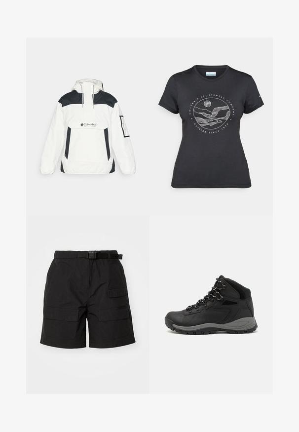 Witte en zwarte windbreaker jas met een capuchon, een half rits voorkant, een voorzak en elastische manchetten. Voorzien van het Columbia-logo op de borst.; Zwarte Columbia t-shirt met witte cirkelvormige lijntekening van bergen en een rivier en de tekst "Columbia Sportswear Company Outside Since 1938."; Zwarte cargoshort gemaakt van lichtgewicht materiaal, met een riem, twee zijzakken en twee voorkant flapzakken met een gladde textuur.; Zwarte wandelschoen met een mid-top ontwerp, voorzien van een gestructureerde bovenkant, grijze accenten en een duurzame rubberen zool met gripnoppen.
