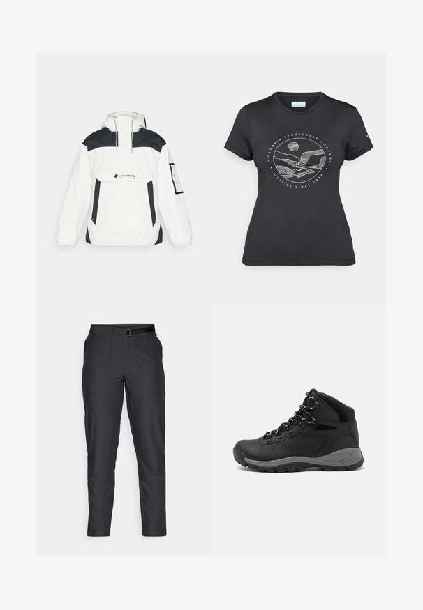 White and black windbreaker jacket with a hood, half-zip front, front pocket, and elastic cuffs. Features Columbia logo on the chest.; Black Columbia t-shirt with white circular mountain and river line art and text "Columbia Sportswear Company Outside Since 1938."; Black, slim-fit pants made of smooth fabric, featuring a belted waist, straight legs, and two front pockets with subtle stitching details.; Black hiking boot with a mid-top design, featuring a textured upper, gray accents, and durable rubber sole with traction lugs.