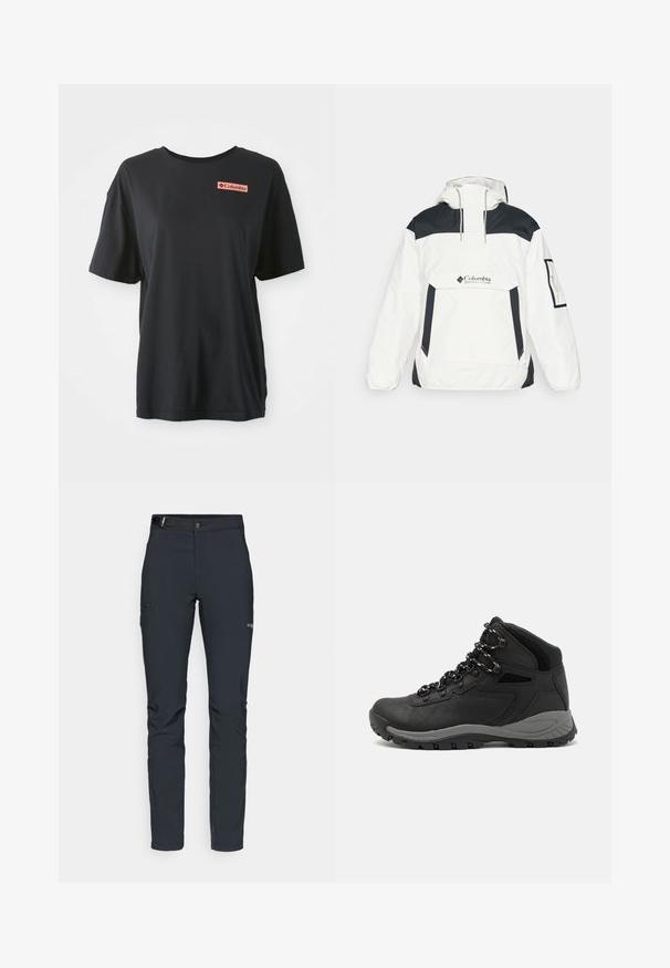 Hvid og sort vindjakke med hætte, halv-zip foran, forlommer og elastiske manchetter. Har Columbia-logoet på brystet.; Sort bomulds T-shirt med korte ærmer, afslappet pasform, og et rødt rektangulært logo på venstre bryst. Glat tekstur og enkelt design.; Herrers udendørsbukser, mørkegrå, lavet af fleksibelt materiale, med bælte, lynlåslommer og forstærkede syninger.; Sort vandrestøvle med en mellem-højde design, der har en tekstureret overdel, grå detaljer og en holdbar gummisål med skridsikre klodser.