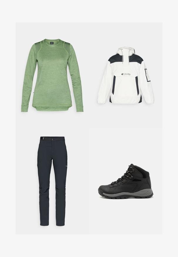 Fehér és fekete széldzseki kapucnival, félig zipzáras elülső résszel, elülső zsebből és elasztikus mandzsettákkal. A mellkason Columbia logó található.; Hosszú ujjú sportpóló világoszöld színben, textúrált anyagból, hálós betétekkel a vállakon, lekerekített szegéllyel és kerek nyakkivágással.; Férfi kültéri nadrág, sötétszürke, rugalmas anyagból készült, övvel, cipzáros zsebekkel és megerősített varratokkal.; Fekete túracipő közepes magasságú kialakítással, texturált felsőrésszel, szürke részletekkel és strapabíró gumitalppal, amelynek tapadós kiemelkedései vannak.