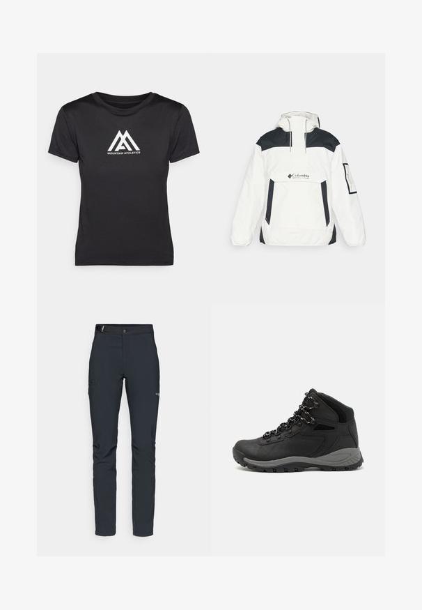 Hvit og svart vindjakke med hette, halvmidje glidelås foran, frontlomme og elastiske mansjetter. Har Columbia-logo på brystet.; Svart treningstrøye i et glatt, lett stoff med en hvit logo med et fjellmotiv i midten. Korte ermer, rund hals.; Herre utendørsbukser, mørkegrå, laget av fleksibelt materiale, med belte, glidelåslommer og forsterkede sømmer.; Sorte turstøvler med mid-topp design, som har en teksturert overdel, grå detaljer og slitesterk gummisåle med godt grep.