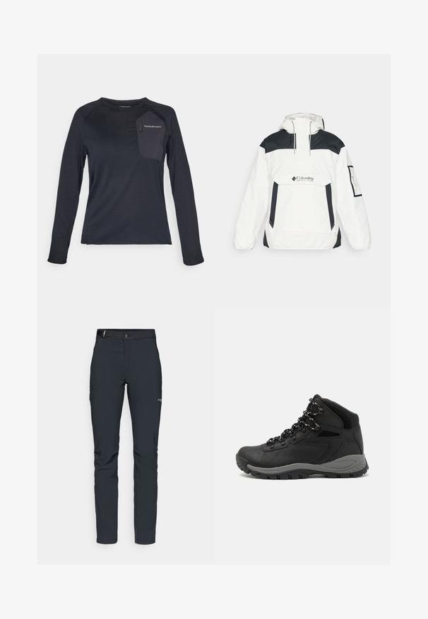 Bílá a černá větrovka s kapucí, poloviční zip na přední straně, přední kapsa a elastické manžety. Na hrudi je logo Columbia.; Dlouhý rukáv tmavě námořnické technické košile, s texturovaným tělem, kontrastní kapsou z jiného materiálu a logem Peak Performance na hrudi.; Pánské outdoorové kalhoty, tmavě šedé, vyrobené z flexibilního materiálu, s pásem, zipovými kapsami a vyztuženým švem.; Černé turistické boty s mírně vyšším střihem, které mají texturovaný svršek, šedé detaily a odolnou gumovou podrážku s trakčními výstupky.