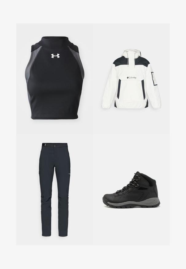 Valge ja must tuulekindel jakk kapuutsiga, pool-zip esiosa, esi-tasku ja elastsed mansetid. Rinnal Columbia logo.; Mustas crop top kõrge krae, ribitud tekstuur ja hallid külgmised aktsendid. Ees on väike valge logo.; Meeste välkpüksid, tumehallid, valmistatud paindlikest materjalidest, vöökohaga, tõmblukuga taskud ja tugevdatud õmblused.; Mustarjaline matkasaabas, millel on keskmine disain, tekstuuriga ülemine osa, hallid aktsendid ja vastupidav kummist põhi, millel on haardelugesid.