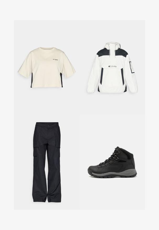 Biela a čierna vetrovka s kapucňou, polovičným zipsom vpredu, prednou vreckom a elastickými manžetami. Na hrudi je logo Columbia.; Krémové skrátené tričko s okrúhlym výstrihom, krátkymi rukávmi a čiernymi bočnými panelmi; obsahuje malé čierne logo na hrudi.; Columbia BREA FALLS™ COTTON RIPSTOP PANT - Outdoorové nohavice - black; Čierna turistická obuv s polovičným strihom, s textúrovaným zvrškom, šedými akcentmi a odolnou gumovou podrážkou s protišmykovými hrebienkami.