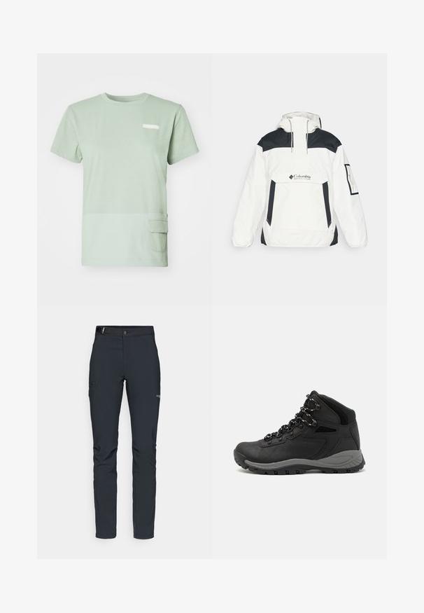 Biała i czarna kurtka wiatrówka z kapturem, z półzamkiem z przodu, kieszenią z przodu i elastycznymi mankietami. Posiada logo Columbii na piersi.; Jasnozielona koszulka z miękkiej bawełny z okrągłym dekoltem. Posiada kieszonkę na dole po lewej stronie oraz małe logo na piersi.; Męskie spodnie outdoorowe, ciemnoszare, wykonane z elastycznego materiału, z paskiem, kieszeniami na zamek oraz wzmocnionymi szwami.; Czarne buty trekkingowe z średnim cholewem, z teksturowaną cholewą, szarymi akcentami oraz trwałą gumową podeszwą z wypustkami zapewniającymi przyczepność.
