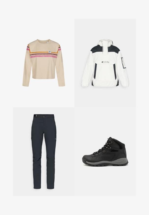 Balta ir juoda vėjo neperšlampanti striukė su kapišonu, pusės užtrauktuku priekyje, priekinėmis kišenėmis ir elastiniais rankogaliais. Ant krūtinės yra Columbia logotipas.; Šviesiai rudas ilgomis rankovėmis trumpas viršus su apvaliu kaklu, puikuojantis horizontaliomis rožinėmis, rudomis ir oranžinėmis juostelėmis per krūtinę ir viršutines rankas, bei nedideliu apvaliu logotipu.; Vyrų lauko kelnės, tamsiai pilkos, pagamintos iš elastingos medžiagos, su diržu, užtrauktukais užtraukiamomis kišenėmis ir sustiprinta siūle.; Juodas žygio botas su vidutinio aukščio dizainu, pasižymintis tekstūruota viršutine dalimi, pilkų akcentų ir patvaria guma padanga su sukibimo gumbais.