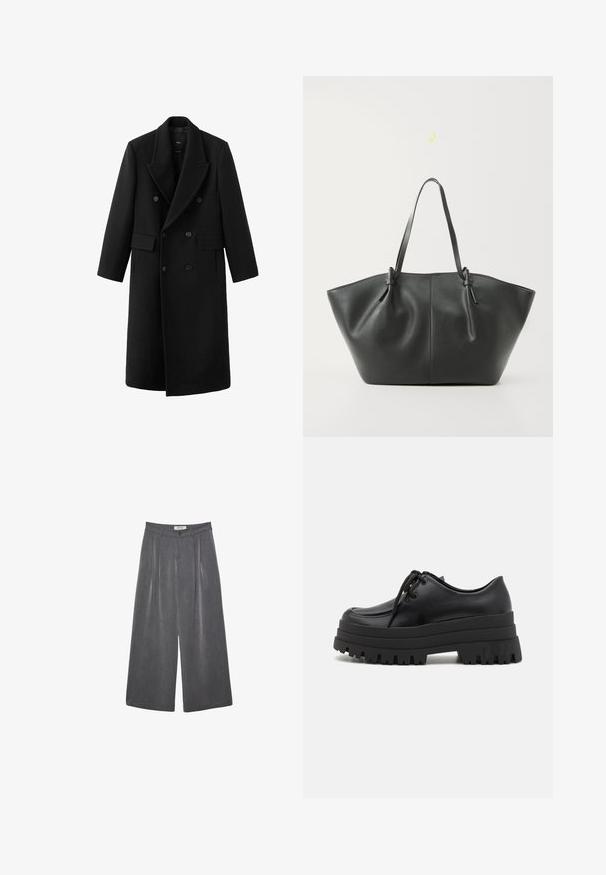 Długi czarny dwurzędowy płaszcz wełniany z szerokimi klapami i kieszeniami z patkami, prezentowany na białym tle.; Czarny kardigan prążkowany z długimi rękawami, z kołnierzem z sztucznego futra i sześcioma guzikami z przodu. Miękki w dotyku.; Biała prążkowana bluzka na ramiączkach, z szerokimi ramiączkami i dopasowanym krojem, zestawiona z czarnymi spodniami o wysokim stanie i czarnym paskiem.; Plisowane spodnie o szerokich nogawkach w ciemnoszarym materiale z subtelną teksturą. Posiadają zapięcie na guzik oraz klasyczny krój pasa.; Even&Odd - Oksfordki; Vero Moda VMDITTA czarny