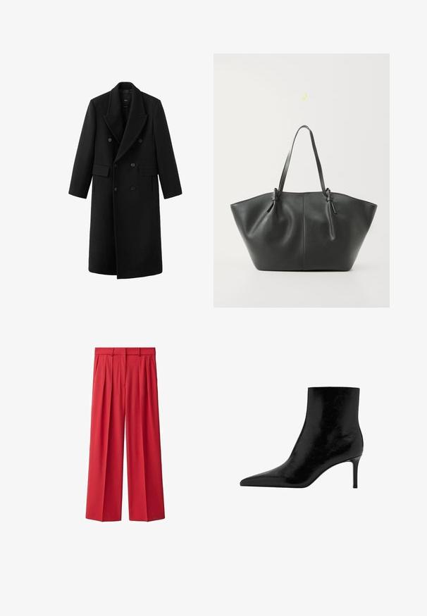 Long black double-breasted wool coat with wide lapels and flap pockets, displayed against a white background.; Black ribbed cardigan with long sleeves, featuring a faux fur collar and six button closures down the front. Soft texture.; White ribbed tank top, features wide shoulder straps and a fitted design, paired with high-waisted black trousers and a black belt.; Red, high-waisted, pleated wide-leg pants made of smooth fabric. Features belt loops and a front zip closure. Classically tailored design.; Black ankle boot with a pointed toe design, made of glossy leather. Features a stiletto heel and smooth texture. No visible embellishments.; Vero Moda VMDITTA - Tote bag - black