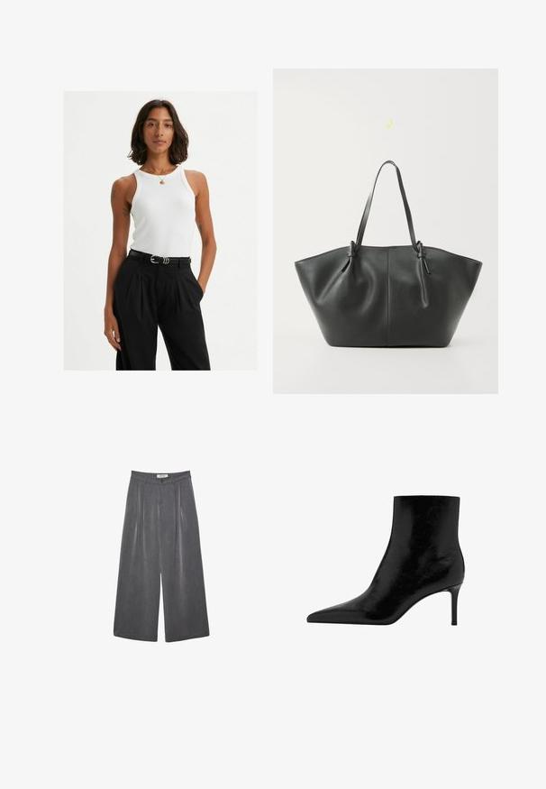 Lång svart dubbelknäppt ullkappa med breda slag och ficklock, visad mot vit bakgrund.; Svart ribbad kofta med långa ärmar, försedd med en fuskpälskrage och sex knappstängningar fram. Mjuk textur.; Vit ribbad linne med breda axelband och en åtsittande design, parat med högmidjade svarta byxor och ett svart bälte.; Fållade vida byxor i en mörkgrå tyg med en subtil textur. Har en knappstängning och en klassisk midje-design.; Svart ankelsko med en spetsig tådesign, tillverkad av glänsande läder. Har en stilettklack och en slät yta. Inga synliga dekorationer.; Vero Moda VMDITTA - Shoppingväska - black