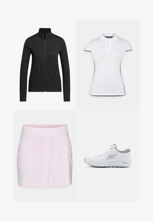 Svart zip-up jakke med teksturert stoff, figursydd design, høy krage og ribbet mansjett. Materialet ser ut til å være pustende og glatt.; Hvit polo skjorte med korte ermer, krage og knappestolpe foran. Svart detaljer på ermene og sidesømmer. Myk, glatt tekstur.; Rosa plisseret mini skjørt med bredt midjebånd, laget av et glatt stoff. Har subtil tekstur og rene sømmer langs kanten.; Hvite joggesko med et teksturert mesh-overdel, sølvfargede detaljer og en lett såle med små grep-studser, merket "ULTRA FLIGHT."