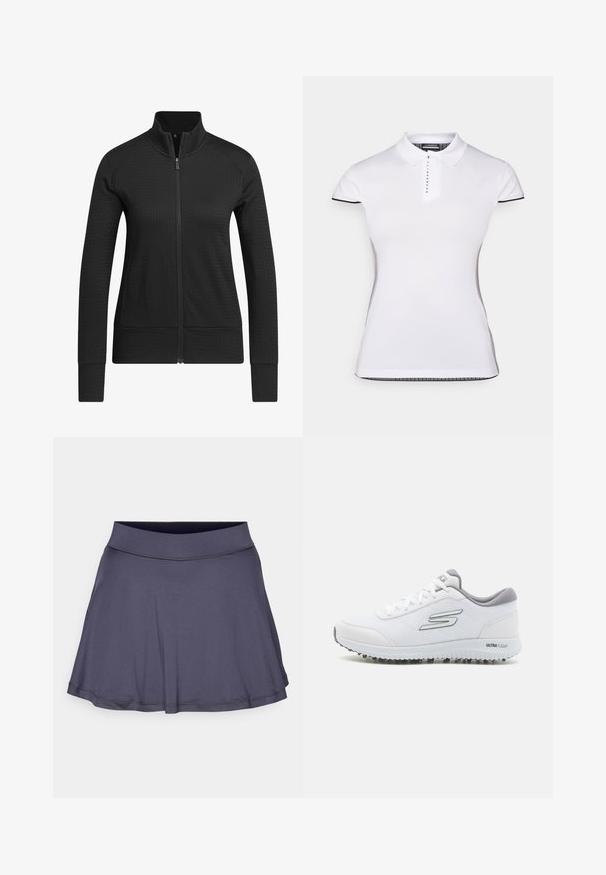 Svart zip-up jakke med teksturert stoff, figursydd design, høy krage og ribbet mansjett. Materialet ser ut til å være pustende og glatt.; Hvit polo skjorte med korte ermer, krage og knappestolpe foran. Svart detaljer på ermene og sidesømmer. Myk, glatt tekstur.; Lett, mørk grå skort med vid flate, elastisk midje og jevn tekstur. Ingen synlige mønstre eller aksenter.; Hvite joggesko med et teksturert mesh-overdel, sølvfargede detaljer og en lett såle med små grep-studser, merket "ULTRA FLIGHT."