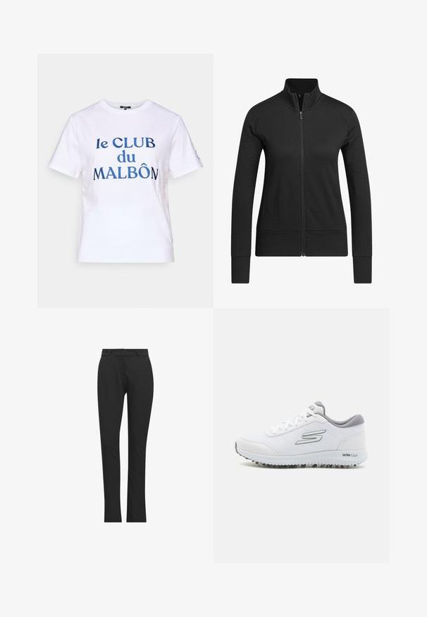 Schwarze Zip-Jacke aus strukturiertem Stoff, taillierter Schnitt, hoher Kragen und gerippte Bündchen. Das Material wirkt atmungsaktiv und glatt.; Weißes Baumwoll-T-Shirt mit kurzen Ärmeln. Mit blauem, gesticktem Text "le CLUB du MALBÔN." Klassisches Rundhalsdesign.; Schwarze maßgeschneiderte Hose aus dehnbarem Stoff, mit glatter Textur, schmaler Passform und flachem Frontteil mit Gürtelschlaufen.; Weiße Sportschuhe mit einem strukturierten Mesh-Obermaterial, silbernen Akzenten und einer leichten Sohle mit kleinen Traktionsnoppen, bezeichnet als "ULTRA FLIGHT".