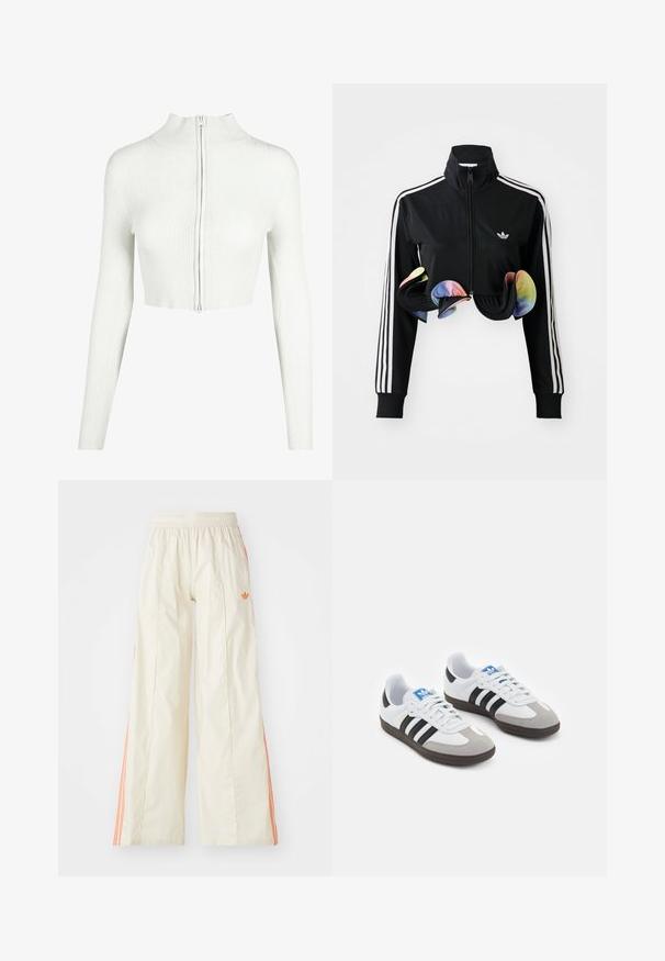 Chaqueta negra con cremallera y cuello alto, franjas laterales blancas y acentos coloridos con volantes en el dobladillo. Fabricada con una tela suave y elástica.; Top corto de punto blanco con canalé, de mangas largas y cuello alto. Cuenta con un cierre frontal de cremallera y una textura suave.; Dos camisetas sin mangas con canalé en blanco y negro, con tirantes finos ajustables y un diseño corto. Tejido suave con una textura lisa.; Pantalones de pierna ancha color crema con cinturilla elástica, que cuentan con rayas laterales naranjas y un pequeño logotipo naranja en la parte frontal.; Zapatillas deportivas con parte superior de piel blanca, puntera de ante gris y tres rayas negras. Presentan un logo azul en la lengüeta y una suela de goma texturizada.