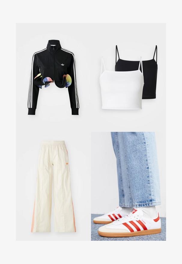 Hanorac negru cu fermoar, cu guler înalt, dungi albe pe laterale și accente colorate cu volane la tiv. Fabricat dintr-un material neted și elastic.; Două camisole cu nervuri, în alb și negru, cu bretele subțiri și ajustabile și un design scurt. Material moale cu o textură netedă.; Pantaloni largi de culoare crem, cu talie elastică, având dungi laterale portocalii și un mic logo portocaliu pe față.; Tenisi albi din piele cu dungi și accente roșii. Au o talpă din cauciuc texturat și un guler căptușit. Purtați cu blugi de culoare albastru deschis.