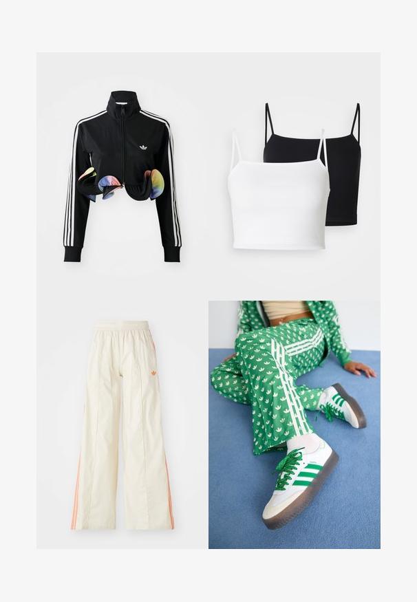 Casaco preto com fecho éclair e gola alta, riscas laterais brancas e detalhes coloridos em babados na parte inferior. Feito de um tecido liso e elástico.; Dois tops de alças canelados em branco e preto, com alças finas ajustáveis e um design cropped. Tecido suave com uma textura lisa.; Calças largas de cor crème com um cós elástico, apresentando riscas laterais laranja e um pequeno logotipo laranja na parte da frente.; Fato de treino verde com padrão, apresentando desenhos florais brancos e riscas brancas, combinado com ténis brancos que têm riscas verdes e atacadores brilhantes.