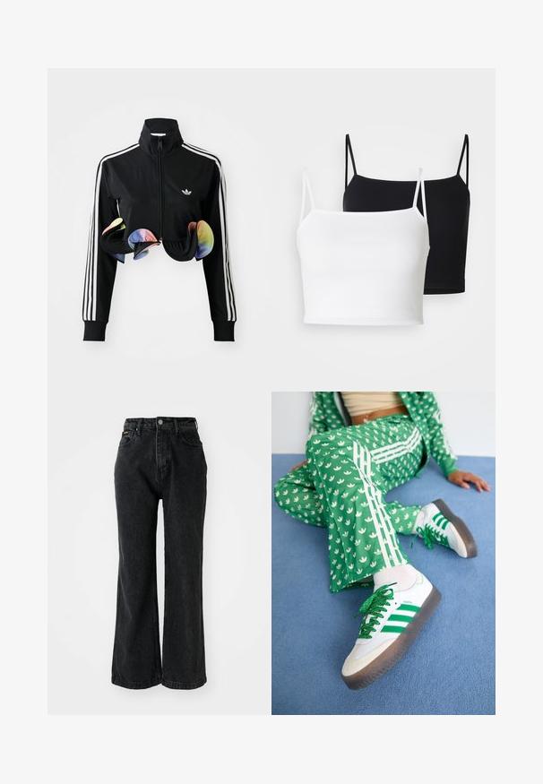 Μαύρο φερμουάρ μπουφάν με υψηλό γιακά, λευκές πλευρικές ρίγες και πολύχρωμες βολάν λεπτομέρειες στο στρίφωμα. Φτιαγμένο από απαλό, ελαστικό ύφασμα.; Δύο ριμπ καμίσια σε λευκό και μαύρο, με λεπτές ρυθμιζόμενες τιράντες και cropped σχέδιο. Μαλακό ύφασμα με ομαλή υφή.; Μαύρο τζιν παντελόνι με ψηλή μέση, φαρδύ κοψίματα και ραμμένες λεπτομέρειες. Διαθέτει πέντε τσέπες και κουμπί στη μέση.; Πράσινο αθλητικό σετ με λευκά floral σχέδια και λευκές ρίγες, συνδυασμένο με λευκά αθλητικά παπούτσια με πράσινες ρίγες και γυαλίζουσες κορδόνες.
