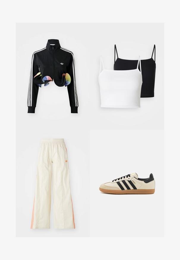 Melns zip-up jakas ar augstu apkakli, baltām sānu svītrām un krāsainiem volāniem pie apakšas. Izgatavota no gludas, elastīgas auduma.; Divi riboti topi baltā un melnā krāsā, ar plānām regulējamām siksniņām un īsu dizainu. Mīksta auduma ar gludu tekstūru.; Kremkrāsas platās bikses ar elastīgu jostu, ar oranžām sānu joslām un mazu oranžu logo priekšpusē.; Bežs sporta apavi ar melnām svītrām, gumijas zole un melniem akcentiem. Ievērojams ar gludu ādas virsu un noapaļotu purngala dizainu.