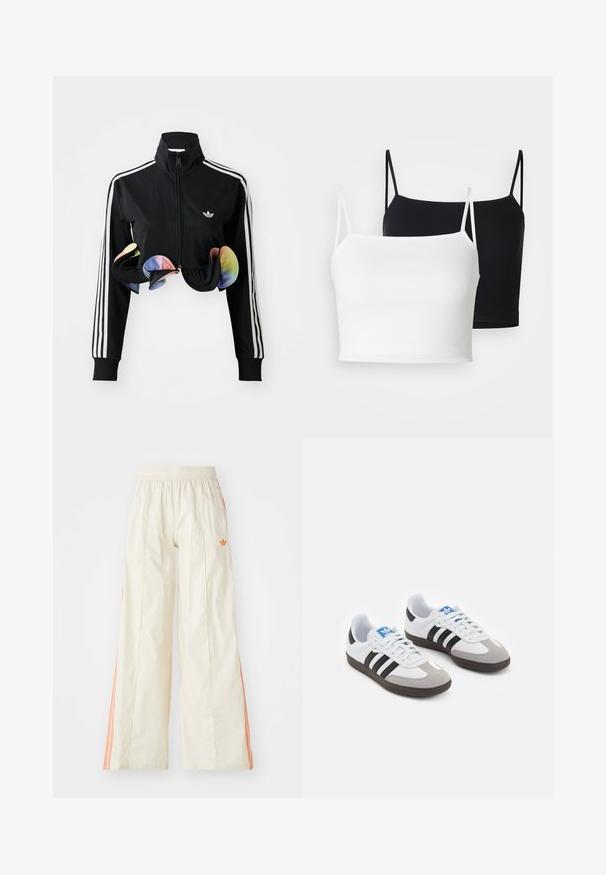 Melns zip-up jakas ar augstu apkakli, baltām sānu svītrām un krāsainiem volāniem pie apakšas. Izgatavota no gludas, elastīgas auduma.; Divi riboti topi baltā un melnā krāsā, ar plānām regulējamām siksniņām un īsu dizainu. Mīksta auduma ar gludu tekstūru.; Kremkrāsas platās bikses ar elastīgu jostu, ar oranžām sānu joslām un mazu oranžu logo priekšpusē.; Sporta apavi ar balto ādas virsu, pelēku zamšādas purngalu un trim melnām svītrām. Iezīmē zilu logotipu uz mēles un teksturētu gumijas zoli.