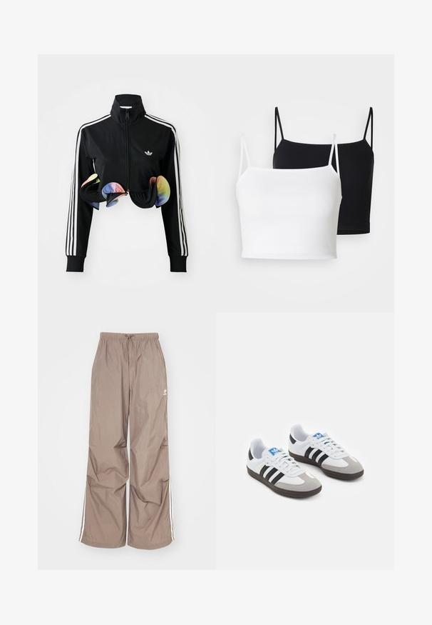 Casaco preto com fecho éclair e gola alta, riscas laterais brancas e detalhes coloridos em babados na parte inferior. Feito de um tecido liso e elástico.; Dois tops de alças canelados em branco e preto, com alças finas ajustáveis e um design cropped. Tecido suave com uma textura lisa.; Calças castanhas, largas e feitas de material leve, com riscas laterais brancas e um cós elástico com cordão.; Ténis desportivos com um cabedal em pele branca, biqueira em camurça cinza e três riscas pretas. Apresenta um logo azul na língua e uma sola de borracha texturizada.