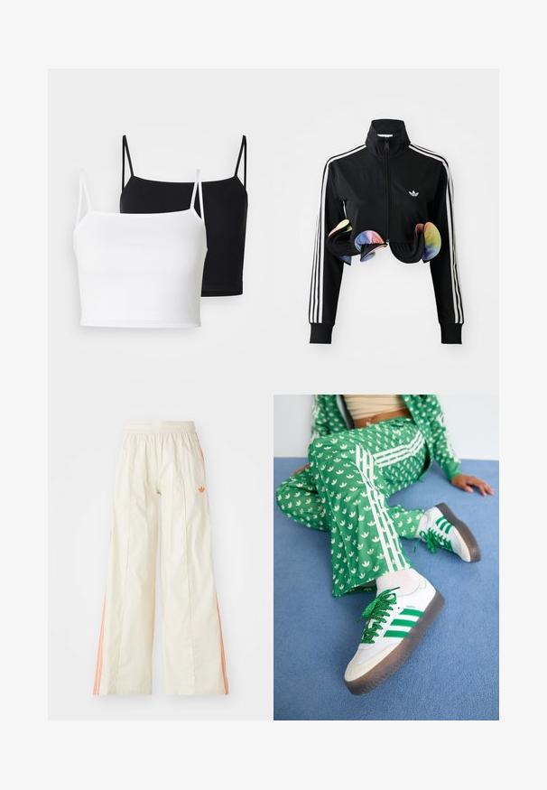 Sort zip-up jakke med høj krave, hvide sidelister og farverige volanger ved kanten. Lavet af glat, strækbart stof.; To ribbede camisoles i hvid og sort, med tynde justerbare stropper og en cropped design. Blødt stof med en glat tekstur.; Cremefarvede bredde benbukser med elastisk talje, der har orange side-striber og et lille orange logo foran.; Grønne mønstrede træningsdragt med hvide blomsterdesigns og hvide striber, parret med hvide sneakers med grønne striber og glitrende snørebånd.