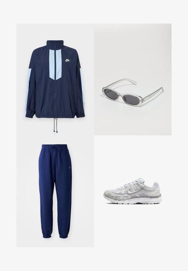 Casaco corta-vento azul-marinho com detalhes em azul claro, gola alta, fecho com zíper na frente e punhos elásticos. Logótipo da Nike destacado no peito.; Pulôver azul marinho da Nike de manga comprida com decote em V, com costuras realçadas a branco e punhos e bainha elásticos. Apresenta um logótipo no lado esquerdo do peito.; Calças de fato de treino azul marinho feitas de um tecido suave, com uma cintura elástica com cordão, punhos elásticos e um pequeno logótipo branco.; Sapatos atléticos cinza claro com parte superior em malha e sintético, apresentando um fecho de cordões, colarinho acolchoado e sola texturizada para aderência.; Óculos de sol com formato oval, armação de plástico transparente, lentes cinza-escuro e hastes finas transparentes com detalhes do logótipo e um design minimalista.