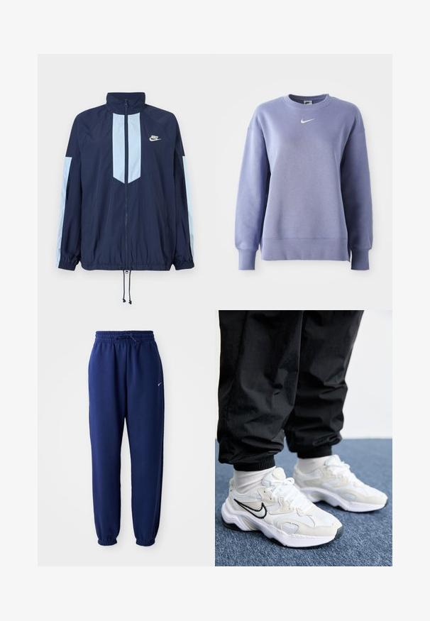 Marine vindjakke med lyseblå detaljer, høy krage, full frontlynned, og elastiske mansjetter. Nike-logoen er plassert på brystet.; Lys lilla, crew-neck sweatshirt laget av mykt stoff; har ribbede mansjetter og kant med en liten hvit Nike-logo på brystet.; Mørkeblå joggebukser laget av mykt stoff, med elastisk linning med snøring, elastiske mansjetter og en liten hvit logo.; Hvite og lysegrå treningssko med teksturert overdel, tykk såle og svart swoosh-logo. Brukt sammen med svarte joggebukser og hvite sokker.