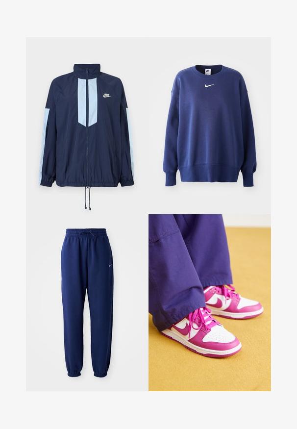 Jachetă de vânt navy cu accente albastre deschise, guler înalt, fermoar complet frontal și manșete elastice. Logo-ul Nike prezent pe piept.; Hanorac albastru închis cu mâneci lungi, guler rotund, manșete ribbate și tiv. Are un mic logo alb Nike pe piept. Textură moale.; Pantaloni de sport bleumarin, confecționați dintr-un material moale, având o talie elastică cu șnur, manșete elastice și un mic logo alb.; Sneakers Nike Dunk cu un upper din piele albă și accente din piele roz. Caracteristici includ vârful rotund, perforații și șireturi plate roz.