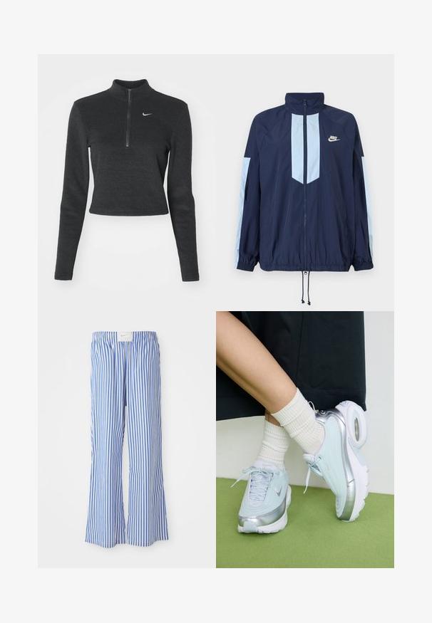Marineblauwe windbreaker met lichtblauwe accenten, hoge kraag, volledige rits aan de voorkant en elastische manchetten. Nike-logo op de borst.; Zwarte, cropped Nike-sweatshirt met een hoge nek, lange mouwen en een rits aan de voorkant. Bevat een klein wit Nike-logo op de borst. Zachte textuur.; Blauwe en witte gestreepte broek met een relaxte pasvorm, gemaakt van lichte stof, met een elastische tailleband en een subtiele logo-tag.; Lichtblauwe sneaker met zilveren accenten, gestructureerde bovenkant, gevoerde zool en zichtbare luchtunit. Gecombineerd met witte geribbelde sokken.
