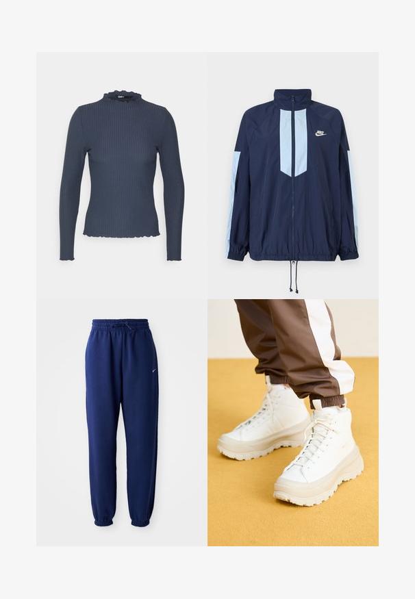 Navy windbreaker jacket with light blue accents, high collar, full front zipper, and elastic cuffs. Nike logo featured on the chest.; Navy long-sleeve top in ribbed texture. Features a high neckline with a scalloped edge and a slim fit design.; Navy blue sweatpants made of soft fabric, featuring an elastic waistband with drawstring, elastic cuffs, and a small white logo.; White high-top sneakers with a chunky, textured sole, featuring a smooth upper, round toe, and tonal laces, set against a yellow background.