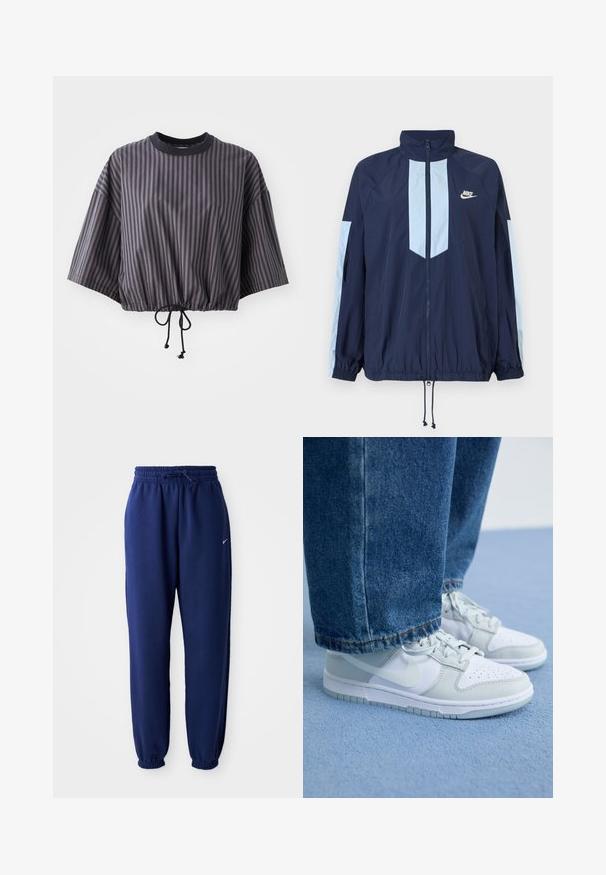 Jūrinio stiliaus vėjo apsaugos striukė su šviesiai mėlynomis detalėmis, aukštu apykakle, visiškai užtraukiama, ir elastingais rankogaliais. Pavaizduotas „Nike“ logotipas ant krūtinės.; Trumpas, tamsiai pilkas palaidinukas su vertikaliomis juostelėmis. Su raišteliu apatinėje dalyje ir apykakle su apvadu juoda spalva.; Tamsiai mėlynos sportinės kelnės, pagamintos iš minkštos medžiagos, su elastingu juosmeniu ir raišteliu, elastinėmis rankovėmis ir mažuoju baltu logotipu.; Nike sportbačiai balti ir šviesiai pilki odiniai, su perforuota pirštine, plokščiomis raišteliais ir guminiu padu, derinami su mėlyniais džinsais.