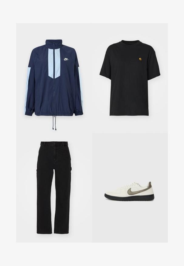 Mornarski vetrovka s svetlo modrimi poudarki, visokim ovratnikom, polnim sprednjim zadrgo in elastičnimi manšetami. Na prsih je prikazan Nike logo.; Črna bombažna majica s sproščenim krojem. Ima okroglo ovratnik in kratke rokave. Vključuje majhen zlat vezen logotip na prsih.; Črne cargo hlače iz denima, z ravno nogavico, stranskimi žepi in gumbom za zapiranje na pasu.; Nike Sportswear FIELD GENERAL - Športni copati - off-white/black