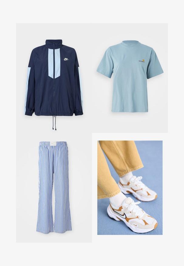 Tengerészeti szélálló kabát világoskék részletekkel, magas gallérral, teljes előlapi cipzárral és rugalmas mandzsettákkal. A Nike logo a mellrészen található.; Világoskék, rövid ujjú pamut póló kerek nyakkal és apró sárga és piros Carhartt logóval a bal mellen.; Kék és fehér csíkos, laza fazonú nadrág, könnyű anyagból készült, rugalmas derékpánttal és diszkrét logócímkével.; Nike Sportswear AL8 - Sportcipő - flax/white/light orewood brown/black