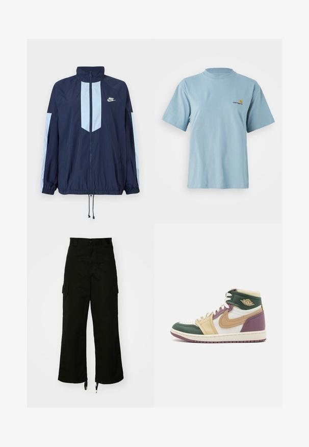 Laivastonsininen tuulenpitävä takki, jossa on vaaleansinisiä yksityiskohtia, korkea kaulus, koko etumuksen vetoketju ja joustavat hihansuut. Nike-logo rintaan brodeerattuna.; Vaaleansininen lyhythihainen puuvillapaita, jossa on pyöreä kaula-aukko ja pieni keltainen ja punainen Carhartt-logo vasemmalla rinnalla.; Mustat cargo-housut, jotka on valmistettu puuvillasta. Niissä on leveät lahkeet, sivutaskut ja nyörikujat lahkeissa. Mallissa on nappikiinnitys vyötäröllä.; Korkeavartiset tennarit, joissa on vihreitä, beigejä ja burgundin värisiä nahkapaneeleita, verkkomateriaalisuus kieli, porattuja varpaita ja valkoiset nauhat. Ikoninen swoosh-logo esillä.
