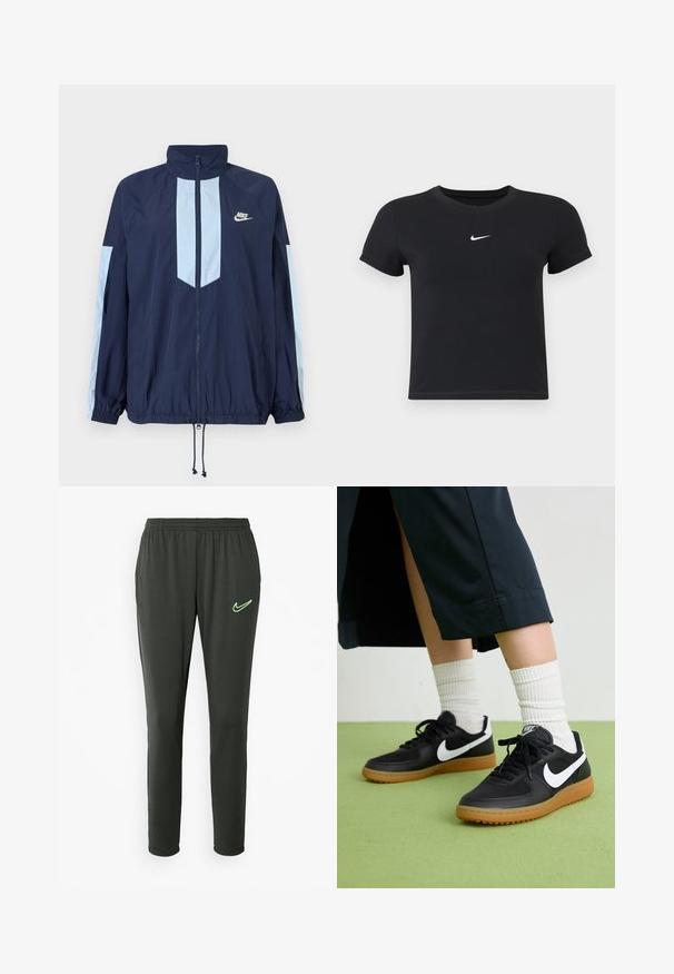 Navy windbreaker jacket with light blue accents, high collar, full front zipper, and elastic cuffs. Nike logo featured on the chest.; Black short-sleeve t-shirt made of cotton with a round neckline. Features a white Nike logo on the chest, minimalistic design, and fitted shape.; Nike jogger pants in dark gray, featuring an elastic waistband, tapered legs, and a neon green logo accent on the left thigh.; Black leather and synthetic sneakers with white Nike swoosh, rubber gum sole, round toe, and black laces. Ribbed white socks visible.