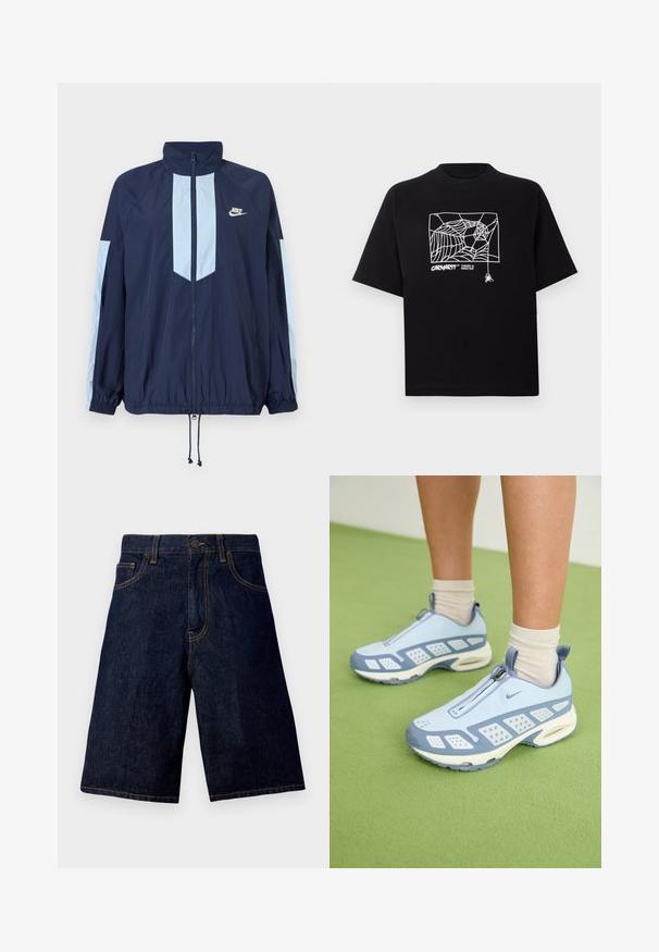 Marineblauwe windbreaker met lichtblauwe accenten, hoge kraag, volledige rits aan de voorkant en elastische manchetten. Nike-logo op de borst.; Zwarte T-shirt van katoen met korte mouwen. Voorzien van een witte spinnenwebgrafiek en logo op de voorkant. Eenvoudige ronde halslijn.; Donkerblauwe denim shorts met een rechte snit, voorzien van een klassieke vijf-pocketontwerp en contrasterende gouden stiksels.; Lichtblauwe sportieve schoenen met witte accenten, textuurpanelen en een ritsluiting. Voorzien van een zichtbare luchtkussenzool en een rubberen buitenzool.