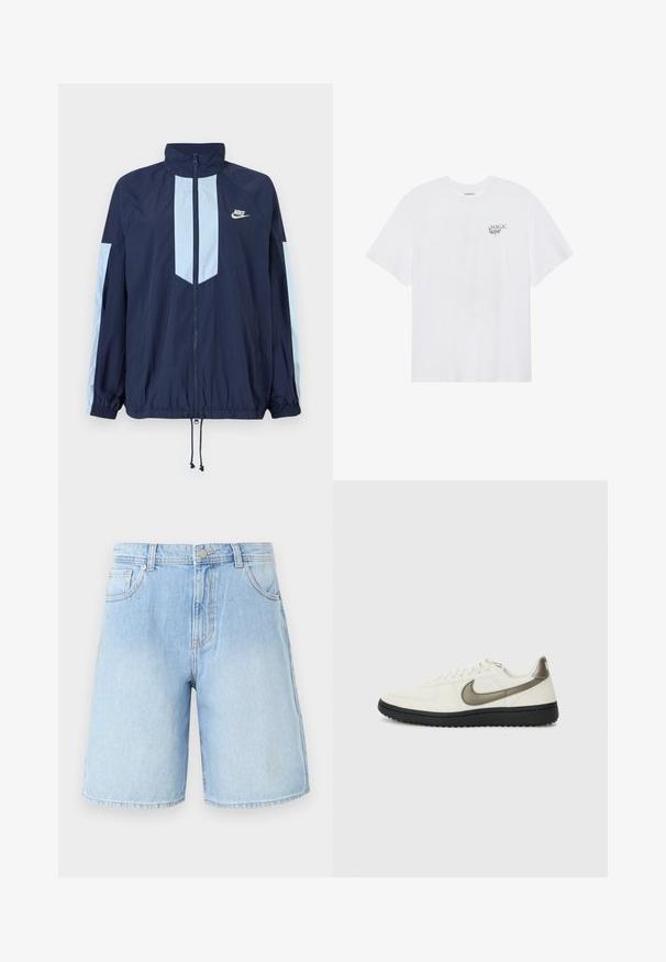 Jūras spēku vēja žakete ar gaiši ziliem akcentiem, augstu apkakli, pilnu priekšējo rāvējslēdzēju un elastīgām aprocēm. Uz krūtīm redzams Nike logo.; Even&Odd Apdrukāts T-krekls - white; Gai zili denima šorti ar taisnu kāju griezumu, piecām kabatām un augšējo pogu aizdari. Izbalināta mazgāšana ar redzamām šuvju detaļām.; Nike Sportswear FIELD GENERAL - Treniņu apavi - off-white/black