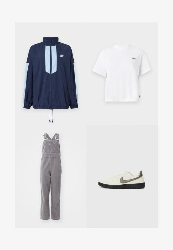 Giacca a vento navy con accenti azzurri, collo alto, zip frontale completa e polsini elasticizzati. Logo Nike presente sul petto.; T-shirt bianco in cotone con una vestibilità rilassata, caratterizzato da una piccola etichetta con logo sul petto e un'etichetta laterale per un tocco in più.; Bretelle in denim grigio con spalline regolabili, una tasca frontale e una vestibilità rilassata. Presenta gambe a taglio dritto e un colore uniforme.; Nike Sportswear FIELD GENERAL - Sneakers basse - off-white/black