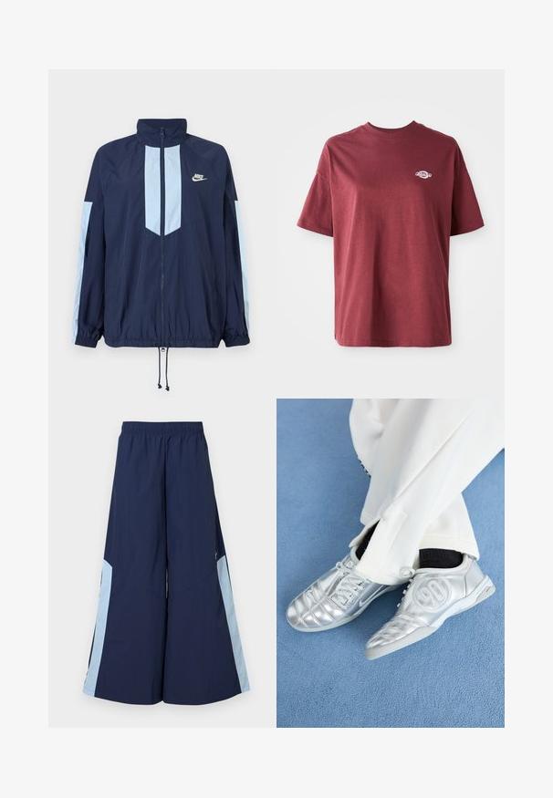 Tumesinise tuulejope helebeežide aktsentidega, kõrge kraega, täispika taljega ja elastsete mansettidega. Nike logo rinnal.; Burgundia puuvillane t-särk, millel on ümar kaelus, lühikesed varrukad ja väike valge logo vasakul rinnal. Sile tekstuur, lõdvestunud istuvus.; Tumed laiad püksid elastse vöökoha ja helesiniste külgpaneelidega, millel on sile tekstuur. Disainitud mugavuseks ja liikumise lihtsuseks.; Hõbedased spordijalatsid, millel on sile ja läikiv pind, eristuvad õmmeldud mustriga ning külje peal on number 90, millele on lisatud valged püksid.